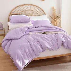 Twin Comforter - Comforter Twin Size with Ball Pom Fringe, for Seasons - 2, 1 Comforter (66"x90")  1 Pillow Sham(20"x26"), Lavender Purple