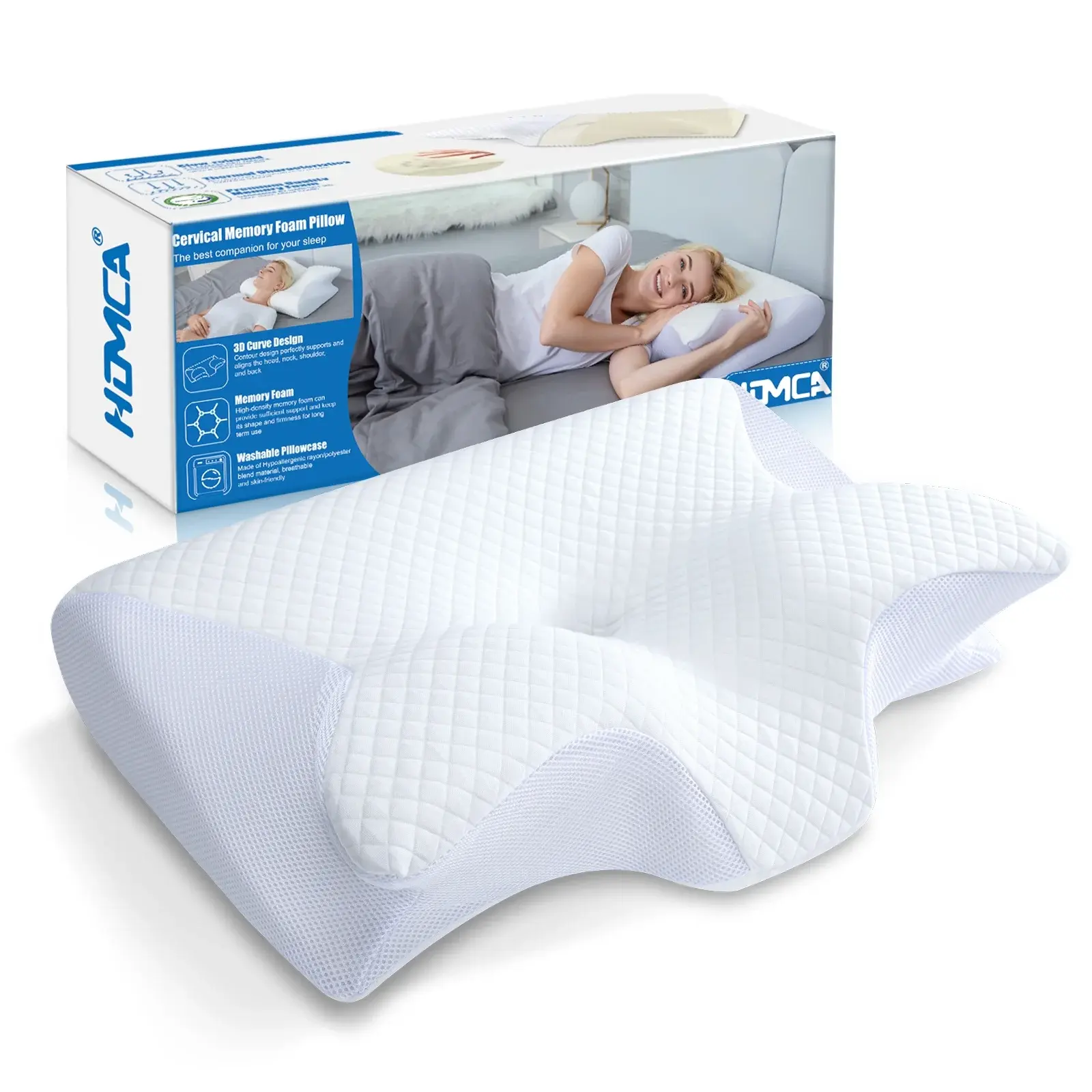 HOMCA Memory Foam Cervical Sleeping Pillow, 2 in 1 Ergonomic Contour Orthopedic Pillow for Neck Pain, Contoured Support Pillows for Side Back Stomach Sleepers 3.3Lb (White)
