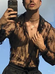 Men's Floral Lace Sheer Button Front Shirt, Long Sleeve Collared Top for Spring & Fall, Fashion Men's Clothes for Daily Wear, Casual Style Shirt