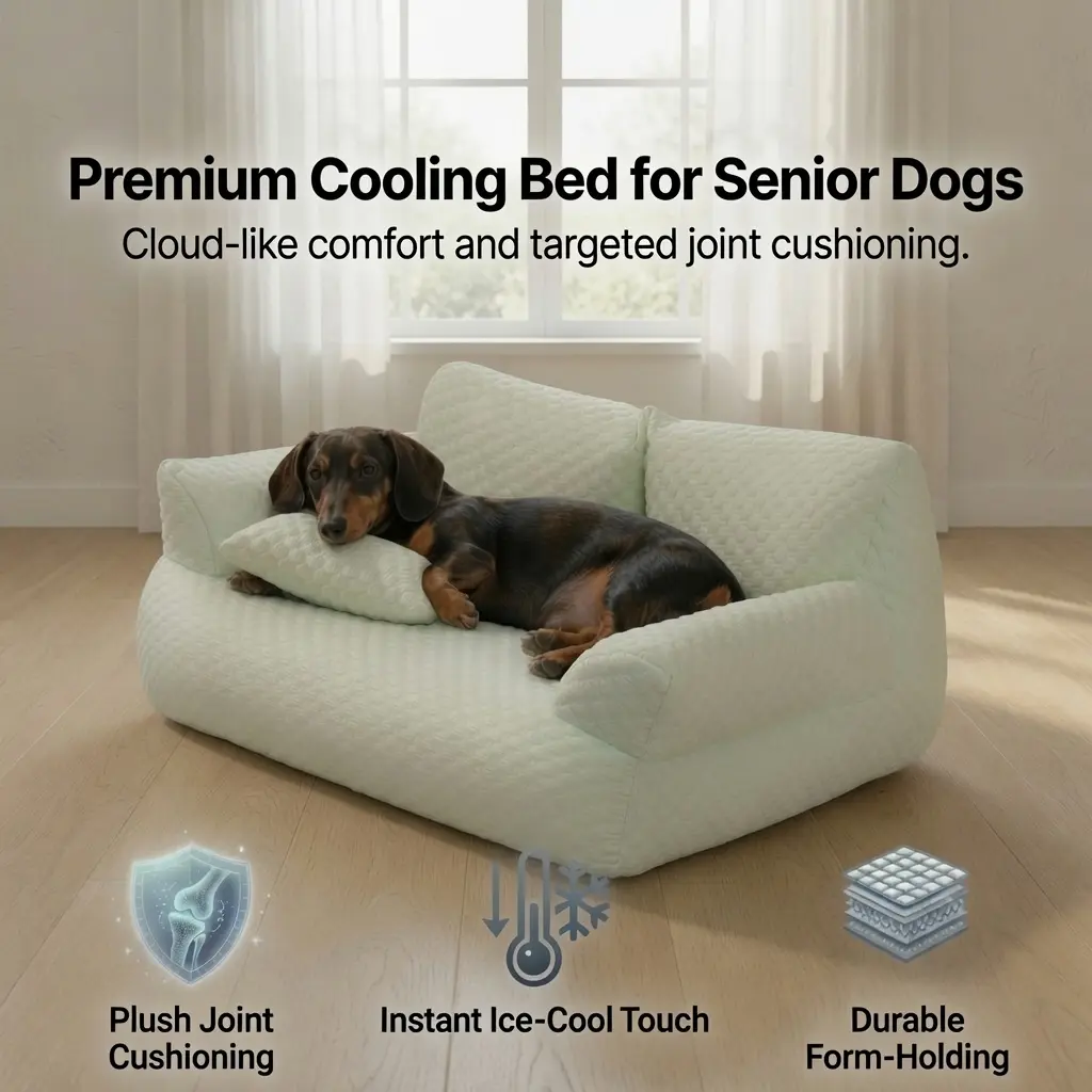 Orthopedic Cooling Dog Sofa Bed with Lumbar Pillow - 5-Chamber Anti-Clump Calming Couch for Senior Small Dogs (Up to 12 lbs)