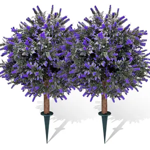 Artificial Boxwood Potted Balls with Lavender, UV-Resistant, 2 Sets of Artificial shrubs with Ground Spikes, Used for Outdoor Fake Evergreen Trees and Artificial Plants Planted on porches.