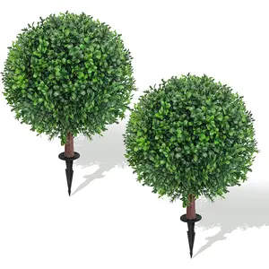 24.8" Artificial Boxwood Topiary Ball Tree with Ground Plugs Set of 2 UV Protected Artificial Shrubs Fake Evergreen Artificial Plants for Indoor and Outdoor Porch Garden