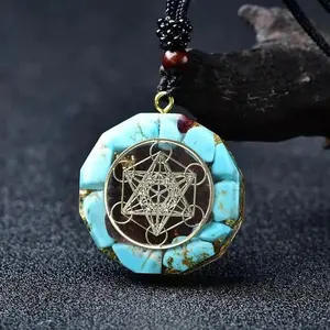 Healing Crystal Orgonite Pendant Necklace Blue Turquoise Chakra Energy Protection Jewelry for Women Men Geometric Spiritual Amulet for Meditation Yoga Reiki Mindfulness Daily Wear Gift