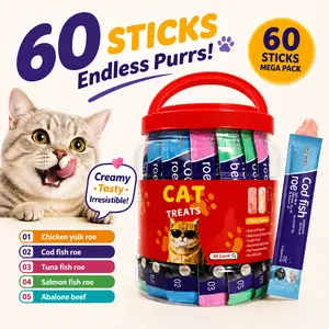 【60 STICKS] Mewno  Cat Treats Cat Snacks, Grain-Free, Creamy Puree with Chicken, Salmon, Cod Fish, Abalon and Tuna Variety Pack of Lickable, Squeezable Cat Treats 0.52 Ounces Each Tube Chews Abalone