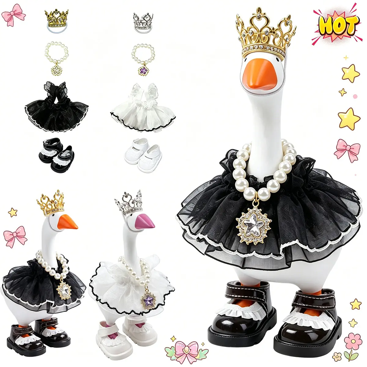 Glam 7in Smooth Polyester Spring Mini Desk Goose 4-Pc Accessory Set - Crystal Rhinestone Tiara, Crown Necklace, Tutu Dress, Magnetic Key Holder for Statue Duck Decor (Toys & Hobbies DIY Specialty Supply, Desk Decor)