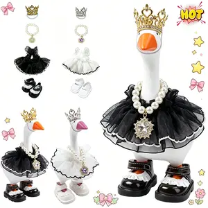 4 Pcs 7 Inch Spring Mini Desk Goose Outfits with Crystal Rhinestone Tiara Crown Necklace Tutu Dress Magnetic Goose Key Holder Princess Customs for Statue Duck Key Holder