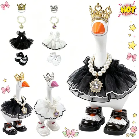 7-inch Polyester Desktop Goose Outfit 4-Pc Accessory Set - Crystal Rhinestone Tiara, Crown Necklace, Tutu Dress, Magnetic Key Holder, Shoe Ornaments, Plushies, Custom-Made for Desktop Goose (2-Set Option, DIY Desk Decor Gift, Toys & Hobbies Supplies)