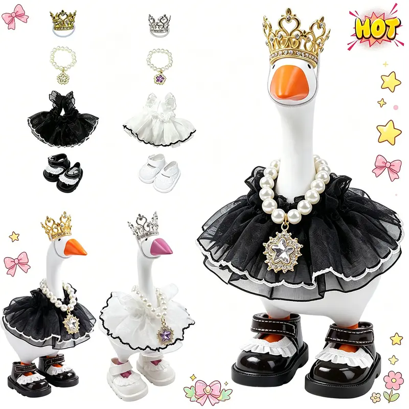 7-inch Polyester Desktop Goose Outfit 4-Pc Accessory Set - Crystal Rhinestone Tiara, Crown Necklace, Tutu Dress, Magnetic Key Holder, Shoe Ornaments, Plushies, Custom-Made for Desktop Goose (2-Set Option, DIY Desk Decor Gift, Toys & Hobbies Supplies)