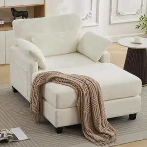 Beige Chenille Chaise Lounge Includes Side Storage Pocket and Throw Pillow; Upholstered Leisure Sofa Suitable for Living Rooms, Bedrooms, and Small Spaces