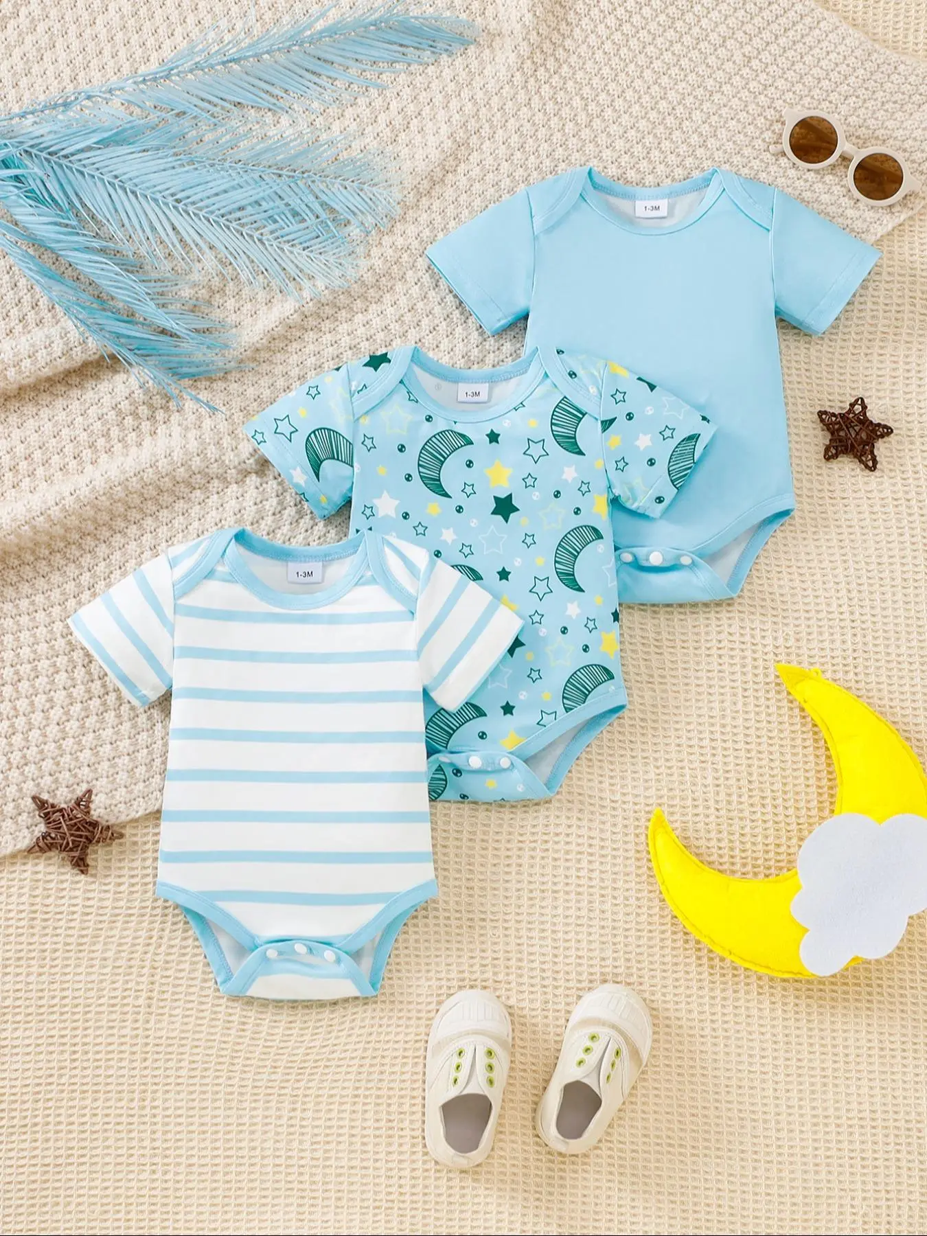 3 Piece Baby Boys Short Sleeve One-Piece Jumpsuits, Simple Fun Style, Cartoon Print, Striped, Solid Color, Button Closure, All Seasons, Bodysuit Set