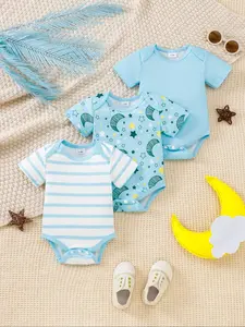 3 Piece Newborn Baby Boys Short Sleeve One-Piece Jumpsuits, Simple Fun Style, Cartoon Print, Striped, Solid Color, Button Closure, All Seasons
