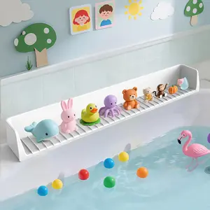Bathtub Splash Guard PlayPad Shelf with Strong Suction Cups Toy Tray Caddy Holder Storage Over Tub Non-Slip Ridges 100% Safe Silicone Foldable Material White - Round