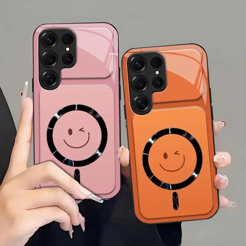 Winking Smiley MagSafe Compatible Smartphone Casing, Glossy Camera Lens Protector for Galaxy S25 Ultra - Cellphone Accessories