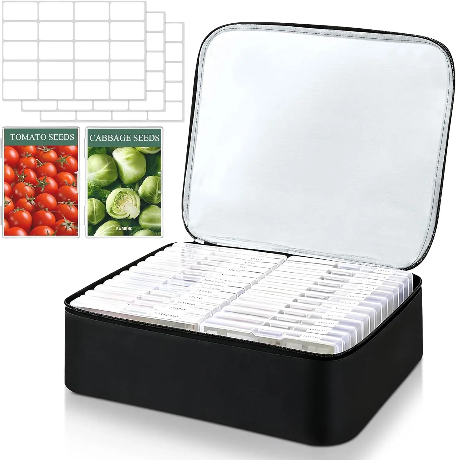 26 Slots Seed Storage Organizer Box, Reusable Oxford Cloth Seed Packet Storage Holder, Holds 80–200 Seed Envelopes, Insulated Garden Seed Container with Label Stickers for Vegetable and Flower Plant Seeds