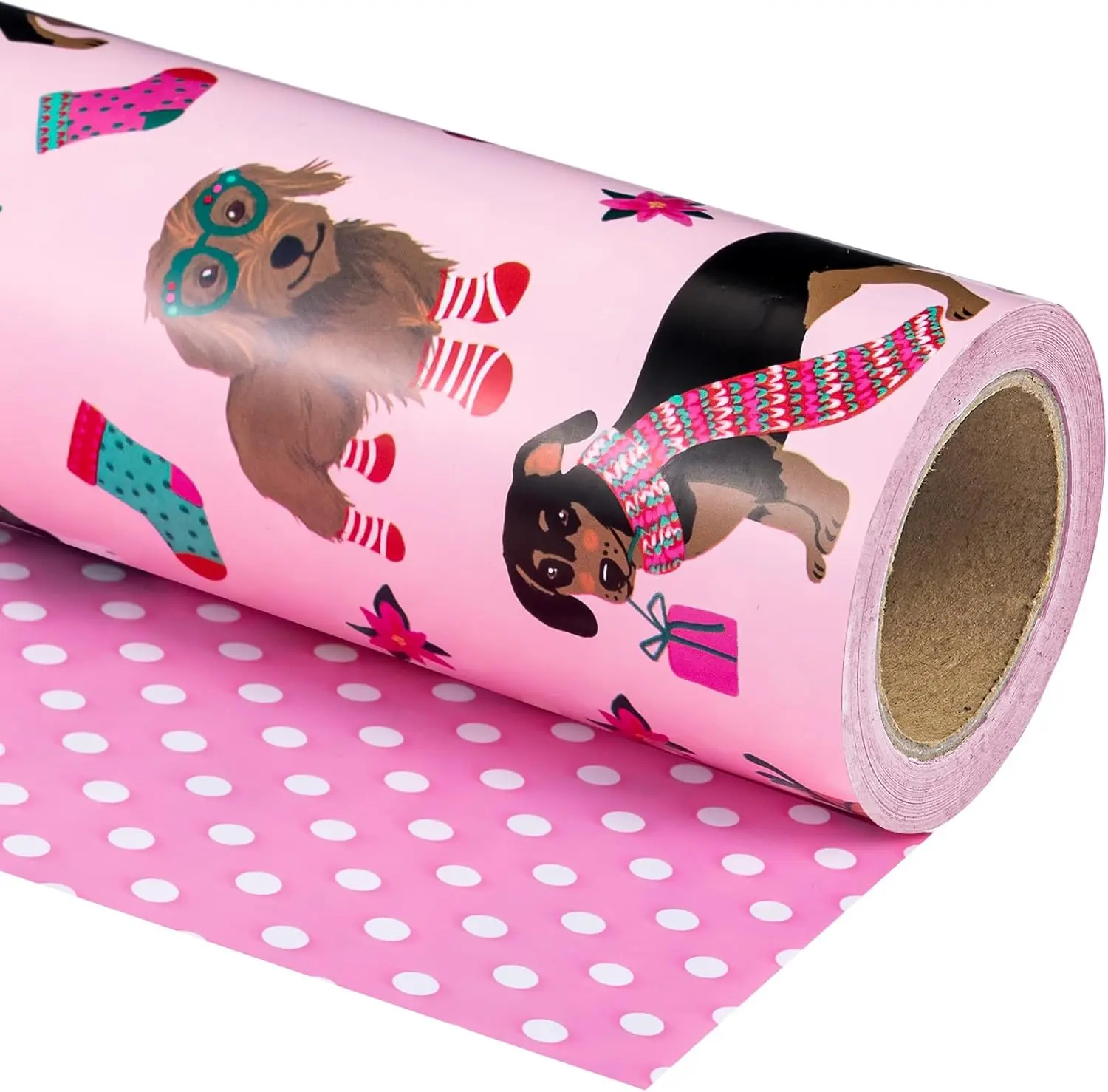 【Buy 2 Get 3 Free】WRAPAHOLIC Christmas Dog & Cat Wrapping Paper Roll, 17 in x 16.5 ft & 33 ft, Cute Holiday Gift Wrap with Dachshund, Puppy, Christmas Cat, Polka Dot, Stripe & Bow Designs for Pet Lovers, Family Gifts, Kids Presents & Holiday Parties