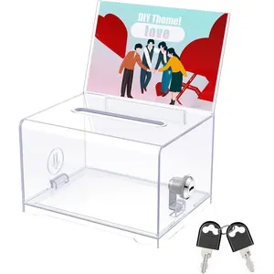 Acrylic Donation Box with Lock and Sign Holder 6.2" x 4.7" x 4" Ballot Box with Slot Plastic Suggestion Boxes Storage Container for Fundraising Voting Charity Tip Collection