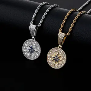 Hip Hop  Gold Plated Cubic Zirconia Fashion Trendy Jewelry Charm Iced Out Necklace Compass Shape Pendant Men