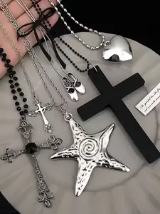 6PCS Gothic Heart Cross Necklace Set, Vintage Star Pendant, Punk Style, Simple Fashion, Hip Hop, Versatile Jewelry for Gifts