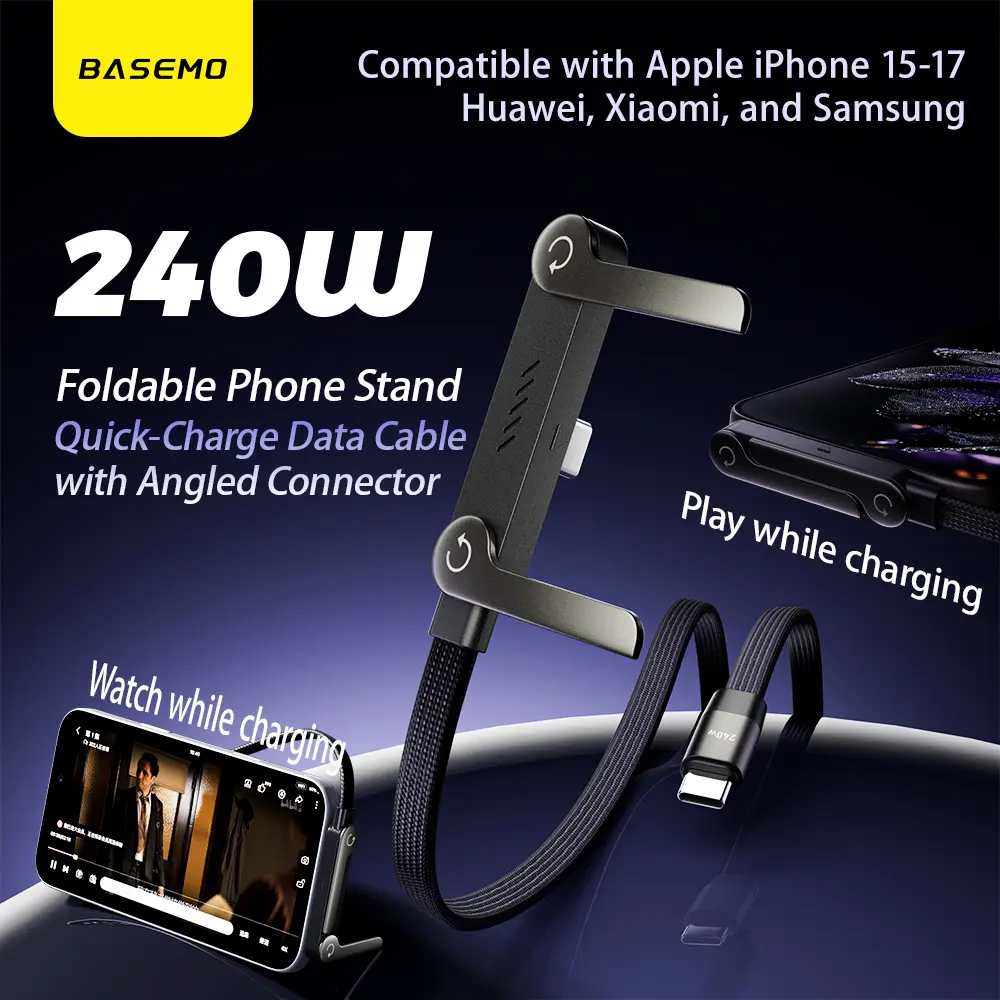 Basemo 2-in-1 Fast Charging Cable with Foldable Phone Stand, 90° Right-Angle Design, Durable Braided Cord, 5FT & 10FT Length Options