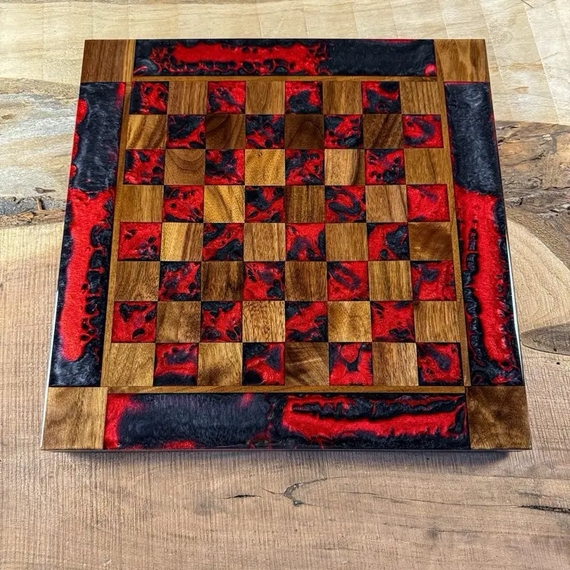 Black Onyx Red Lava Walnut Chess Board (PIECES INCLUDED)