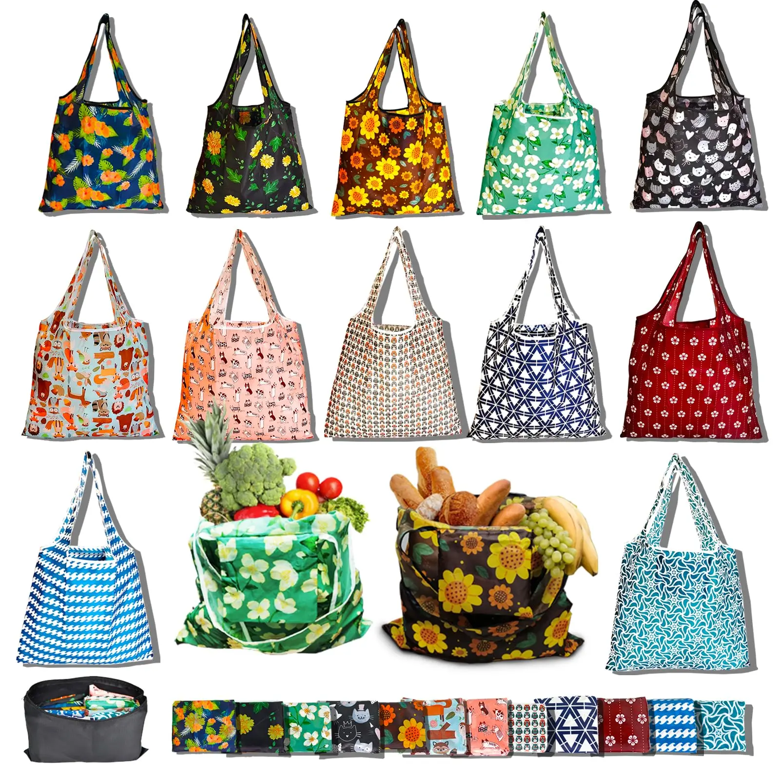 Durable Shopping Totes, 12-Pack Reusable Nylon Shopping Bags - Wash-Safe Nylon, Pocket-Size Fold, Large-Capacity, Open-Top Classic Geometric/Floral Design, Attached Pouch, Lightweight, 50lbs+ Load for Everyday Use