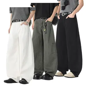Men's Vintage Washed Dark Olive Green Baggy Wide Leg Denim Pants, Side Pocket Seam Detail High Waist Loose Oversized Curved Silhouette Streetwear Full Length Jeans For Daily Skater Fashion Outfits#SummerWins