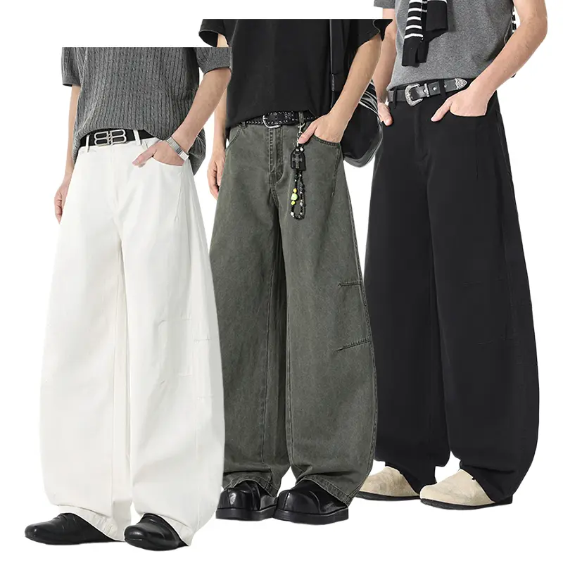 Men's Retro Baggy Workwear Trousers in Washed Olive Green, Korean Style Patchwork Cotton Twill with a High Waist and Curved Leg, Chic, Preppy, Baggy Pants, Vintage