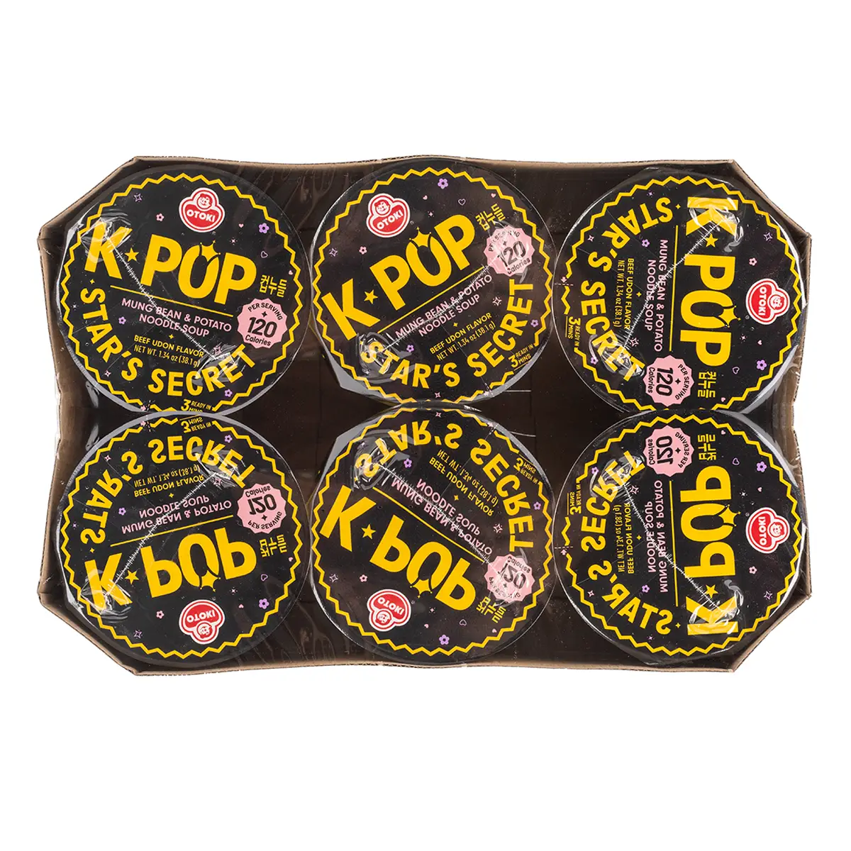 OTOKI K-POP Star’s Secret Cup Noodles Beef Udon Flavor, 120 Calories, Low-Calorie Instant Ramen, Non-Fried Mung Bean & Potato Noodle Soup, 6 Pack, 38.