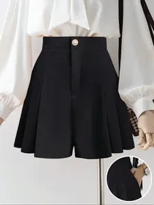 Elegant Women's High Waist A-Line Wide Leg Shorts, Pleated Suit Shorts, Casual Commuter Wear, Youthful Loose Fit
