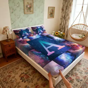 Fresh and dreamy letter printed fitted sheet, made of soft microfiber, fade-resistant, machine washable, ideal for minimalist-style bedroom daily use