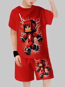 Boys' Geometric Pattern Short Sleeve Round Neck Set, Casual Daily Wear, Comfortable Fabric, Perfect for School & Play, Stylish Kids, Clothes Kids