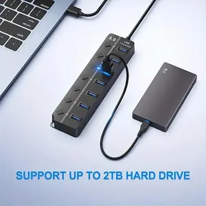 7-Port USB 3.0 HUB with Independent Switches and LED Lights, Compatible with Macbook, Laptops, Ps4, and External Drives, Portable Laptop Docking Station, USB Ports Output
