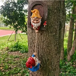 2-Piece Set Fantasy Dwarf Climbing Tree Statues, Garden Gnome Statue, Outdoor Garden Wall Decor, Resin Material, Perfect Mother's Day & Christmas Gift