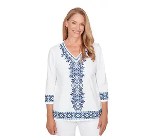 Alfred Dunner Petite Scroll Embroidered V Neck Top