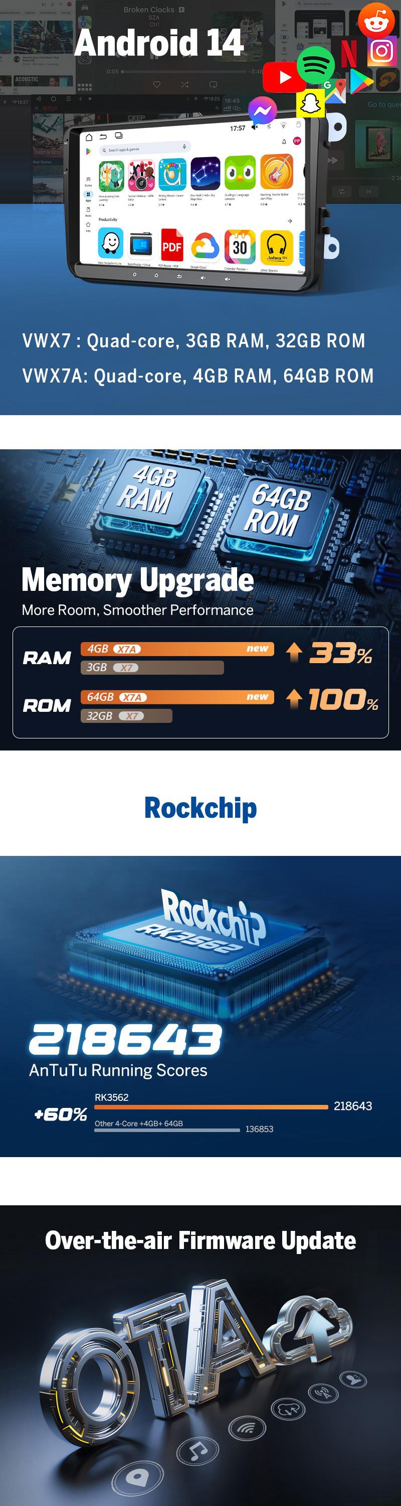 EONON Car Stereo for VW SEAT Skoda, Golf, Jetta, Polo, Passat, Scirocco, Tiguan, T5, Touran, Sharan, EOS, Fabia, Praktik, Wireless CarPlay & Android Auto Car Radio Touch Screen, 10.1" Android 14 Car head unit, AM/FM, SWC, BT - VWX7A / VWX6S