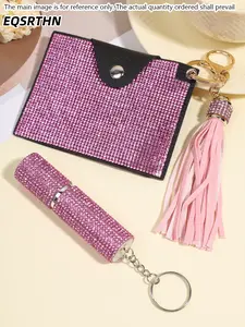 2 Pieces Bling Rhinestone Mini Card Holder and Refillable Spray Bottle Set, Pink Crystal Sparkly Tassel Keychain, Fashion Glitter Card Wallet for Women, Trendy Diamond Studded Coin Purse and Travel