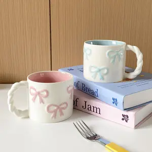 1pc 13.4oz Bowknot Ceramic Mug with Twisted Handle, Elegant Relief Design for Coffee Shop Latte Art, Funny Gift Mug, Ceramic Coffee Cup, Perfect for Home Kitchen and Gifting, Drinkware