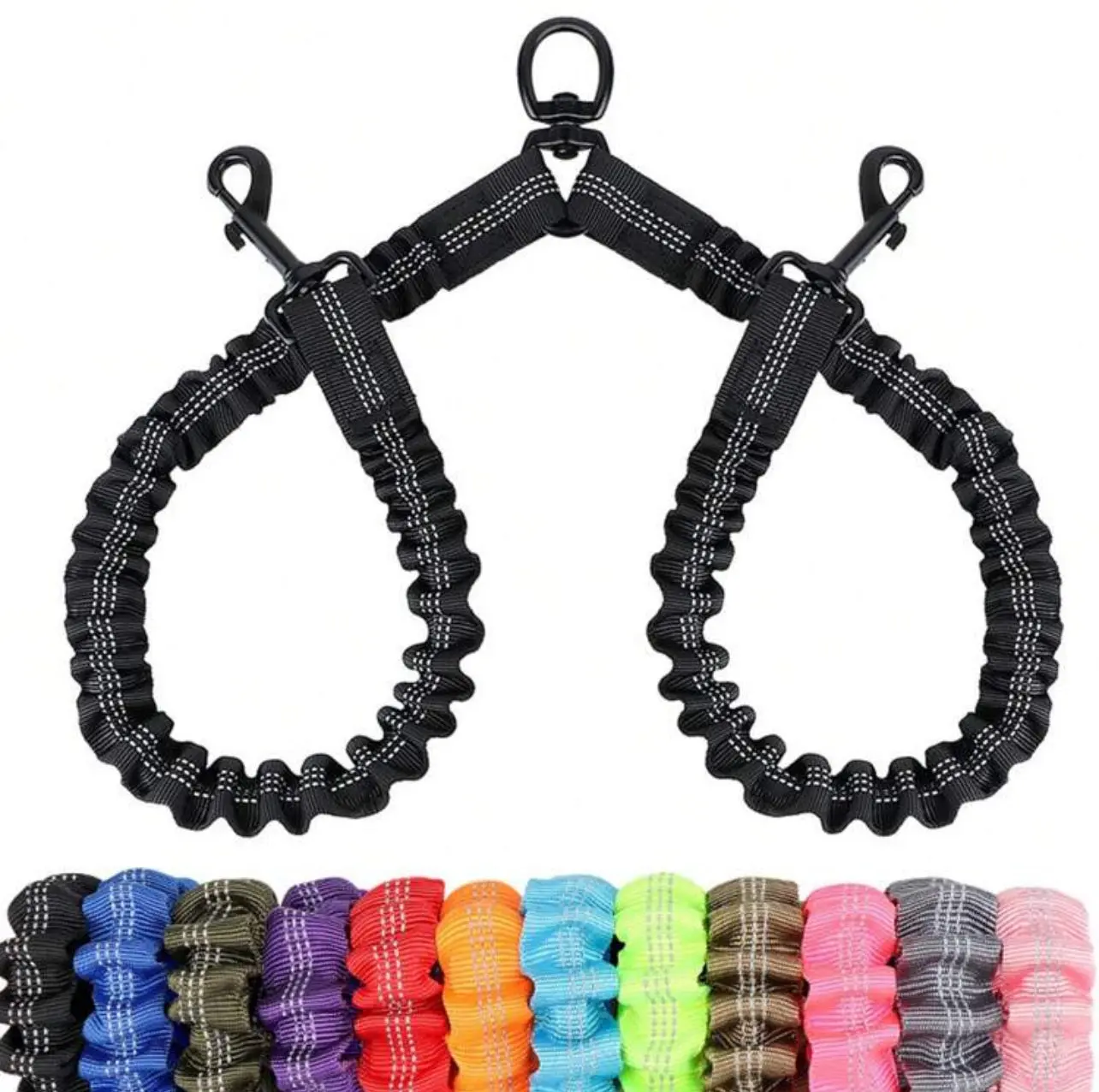 No Tangle Double Dog Walking and Training 360 Degree Swivel Leash, Comfortable, Reflective and shock Absorbent Bungee Lead Walk for 2 Dogs