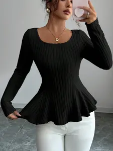 Autumn Winter Solid Color Knitted Square Neck Long Sleeve Slim Fit Top, Y2K Sexy Streetwear, Women's Fashion Tee