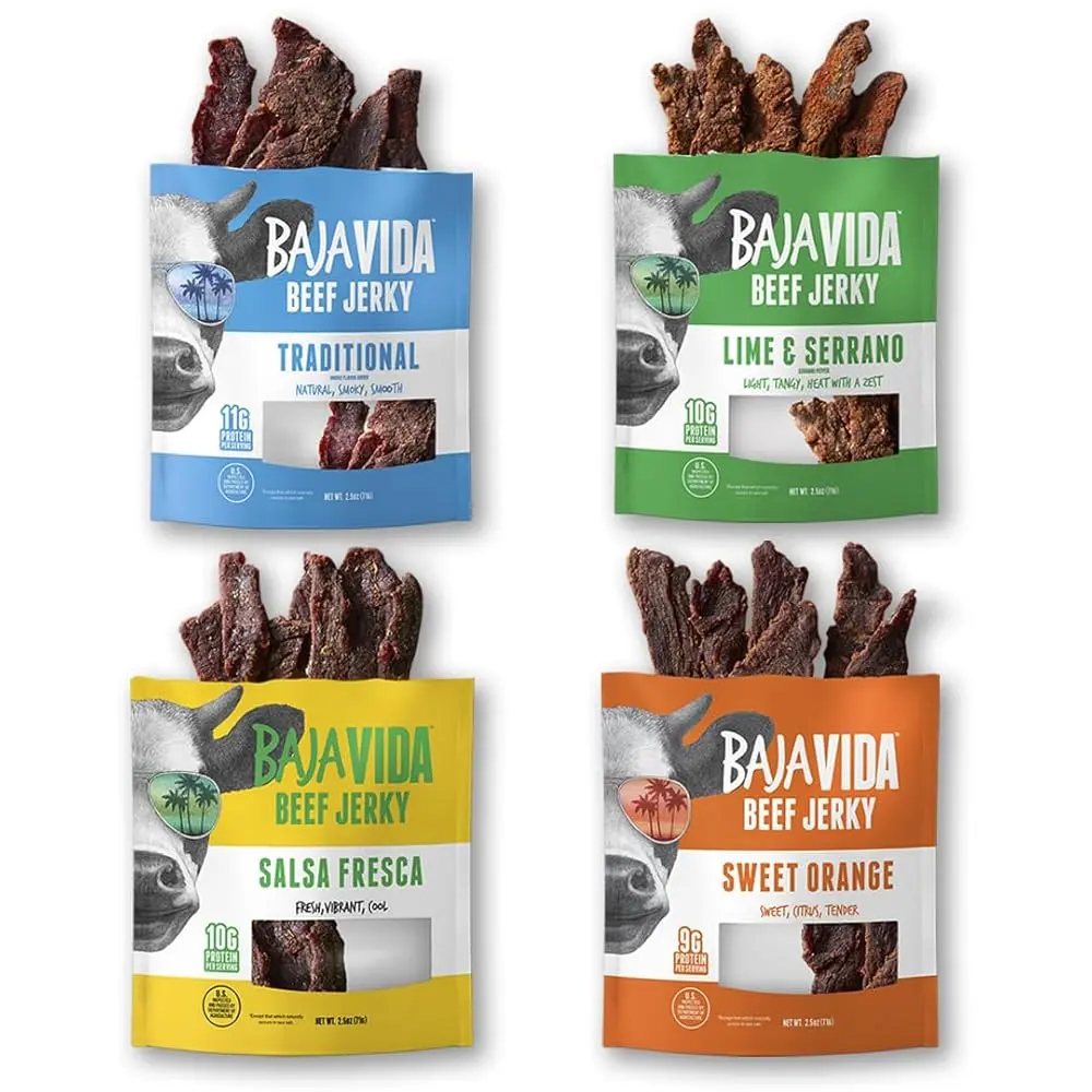 Baja Vida Beef Jerky Variety Pack - Gluten Free High Protein Snack Sampler, 2.5 Oz Bags 4-Pack: Traditional, Lime Serrano, Salsa Fresca Sweet Orange