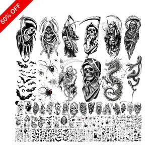 61 Sheets Halloween Temporary Tattoos for Men Women Adults, 12 Sheets Skeleton Death Skull Demon Devil Half Arm Sleeve Fake Tattoo Stickers, 49 Sheets Spider Web Bat Snake Vampire Scar Face Tattoos