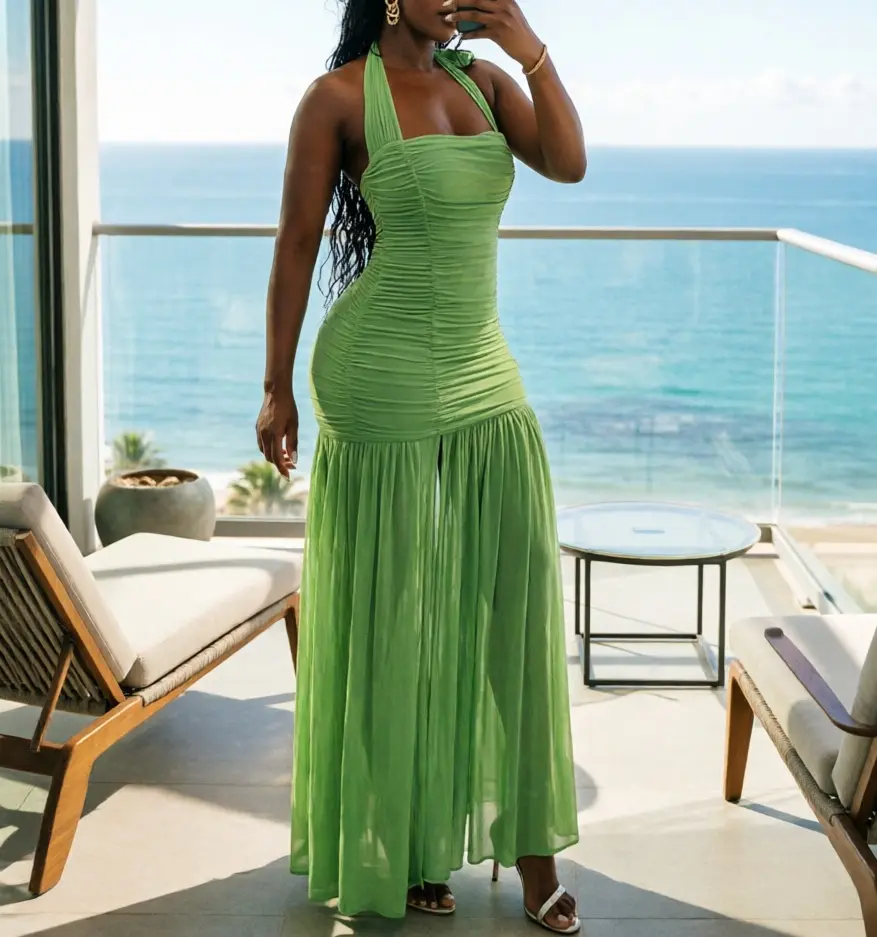 Women's Casual Solid-Color Summer Dress - Womenswear, Sheer Mesh, Halter Neck, Open Back, Double-Layer Paneling, Side Slit, Form-Fitting Hip-Hugging Style