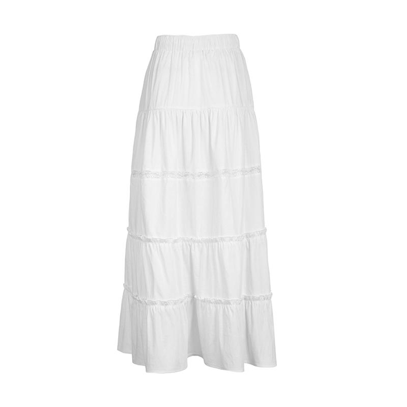 Women's White Tiered Long Skirts Drawstring Elastic Waist Solid Color Ruched Midi Skirts Side Split Fitted Cotton Fabric Basic Chic Style