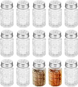 16 Pack Retro Style Glass Salt and Pepper Shakers with Stainless Steel Top, 2 oz Small Glass Spices Shakers Seasoning Bottle Jars for Kitchen Restaurant Wedding BBQ Party Camp Travel