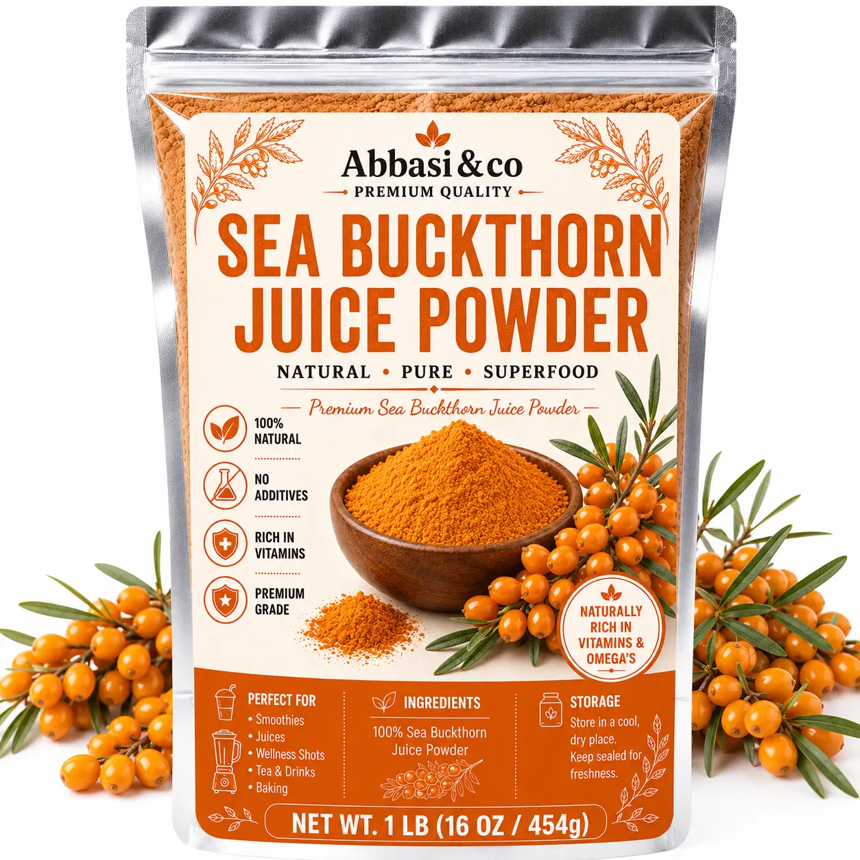Sea Buckthorn Juice Powder 100% Natural Premium Grade Rich in Vitamins & Omega-3 1