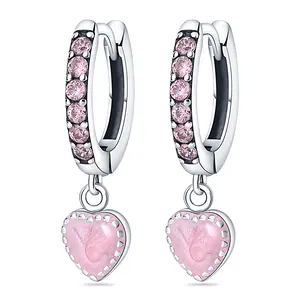 925 silver sparkling halo pink heart-shaped earrings, cute, suitable for women to wear, can be used as gifts, daily wearearrings trendy earring everyday jewelry