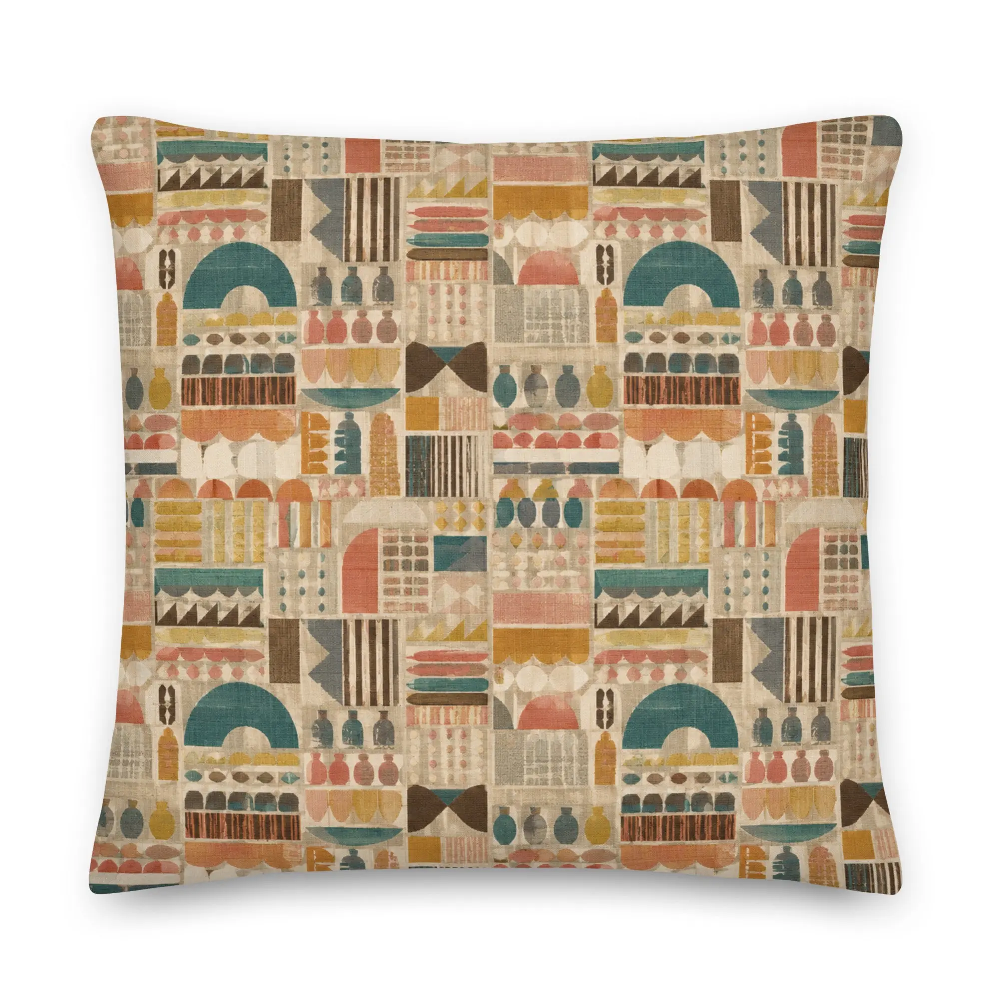 Geometric Accent Pillow, Abstract Shapes & Folded Textiles Design, Mid-Century Indian Style with Indian Motifs, Modern Boutique-Home Finish, Market Colors - Coral, Saffron, Teal, Cream