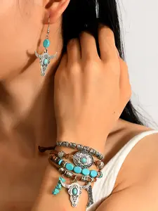 3 Piece Set Boho Turquoise Beaded Earrings Bracelet Necklace, Cow Skull Design, Distinct Skull Motif, Elegant Style, All Seasons Jewelry, Bohemian Jewelry, Bohemian Inspiration, Leather Rope