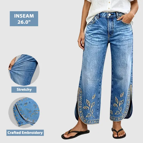Flamingals Plant Embroidery Split Mid Waist Wide Leg Crop Jeans Womenswear Stretchy 26" Inseam