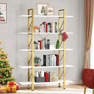DWVO 5 Tier Bookcase, Artsy Modern Bookshelf, Book Rack, Storage Rack Shelves in Living Room/Home/Office, Books Holder Organizer for Books/Movies - Gold & White